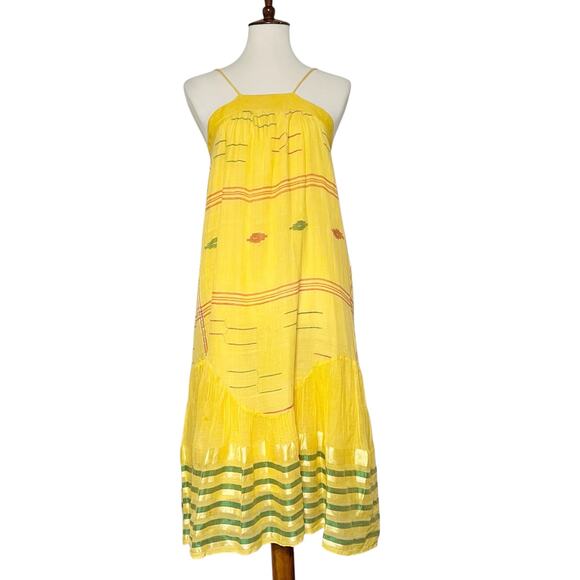 Kopal Women's Yellow Boho Striped Tiered‎ Midi Dress Size Medium - Picture 1 of 8